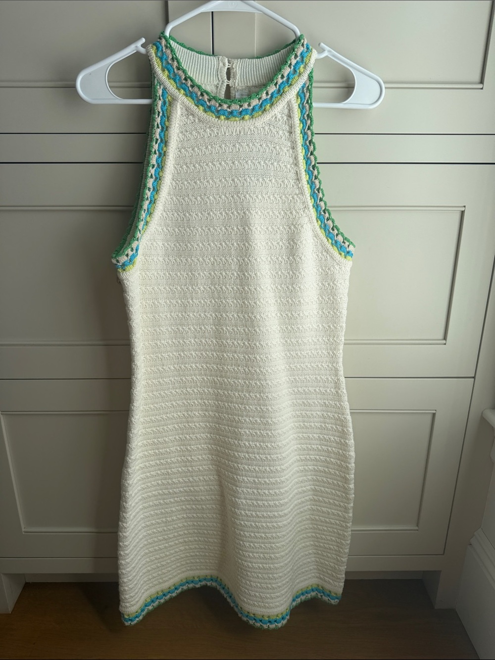 House of Harlow 1960 Cream Crochet Halter Dress with Green & Blue Trim S NWT
